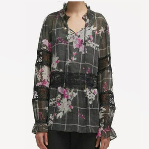 DKNY Large Gray Chiffon V Neck Lace Inset Top 3Y25